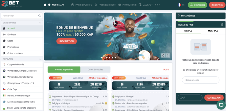 22bet Togo, page d'accueil paris sportifs